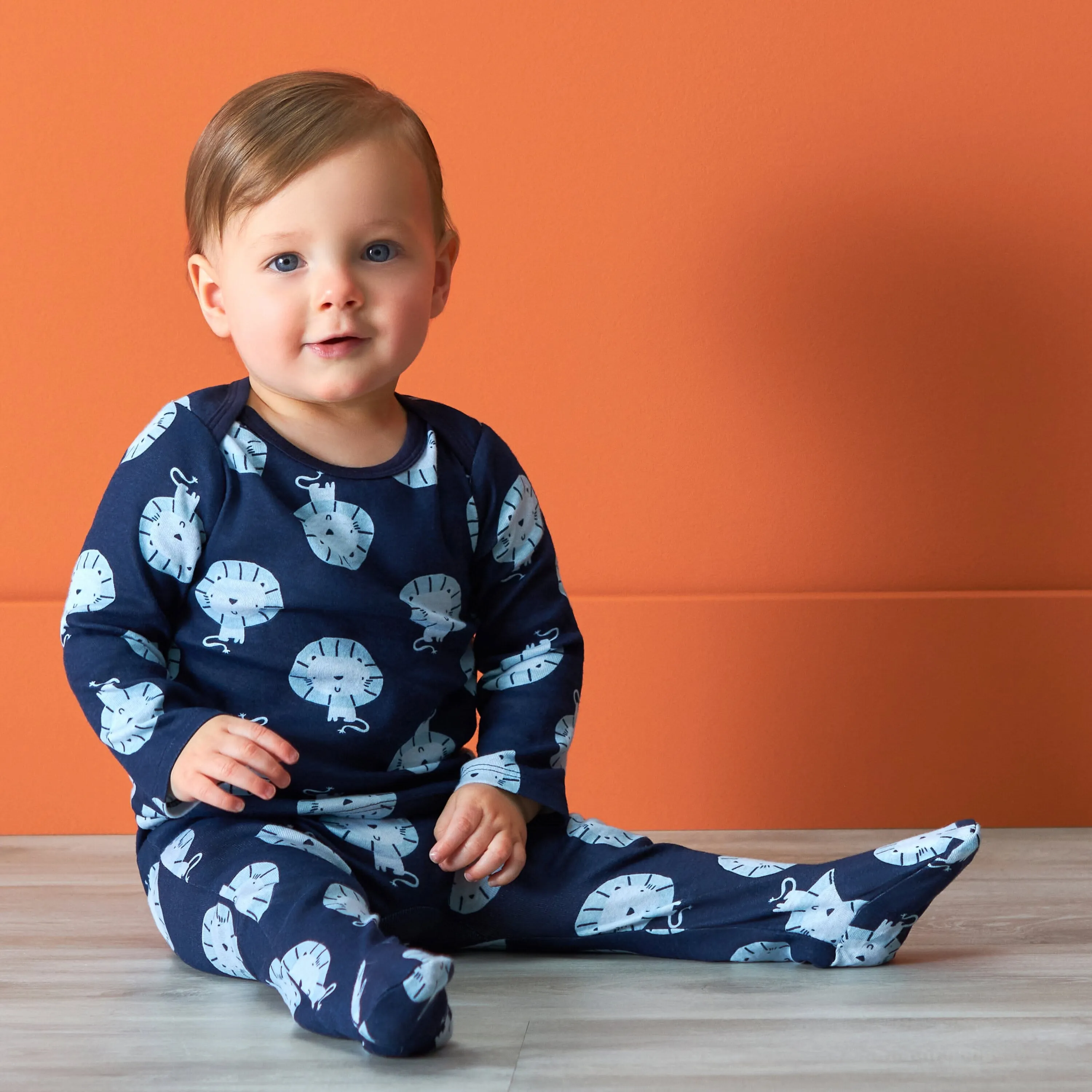 3-Piece Baby Boys Comfy Stretch Lion Long Sleeve Shirt, Footed Pant, & Cap Set