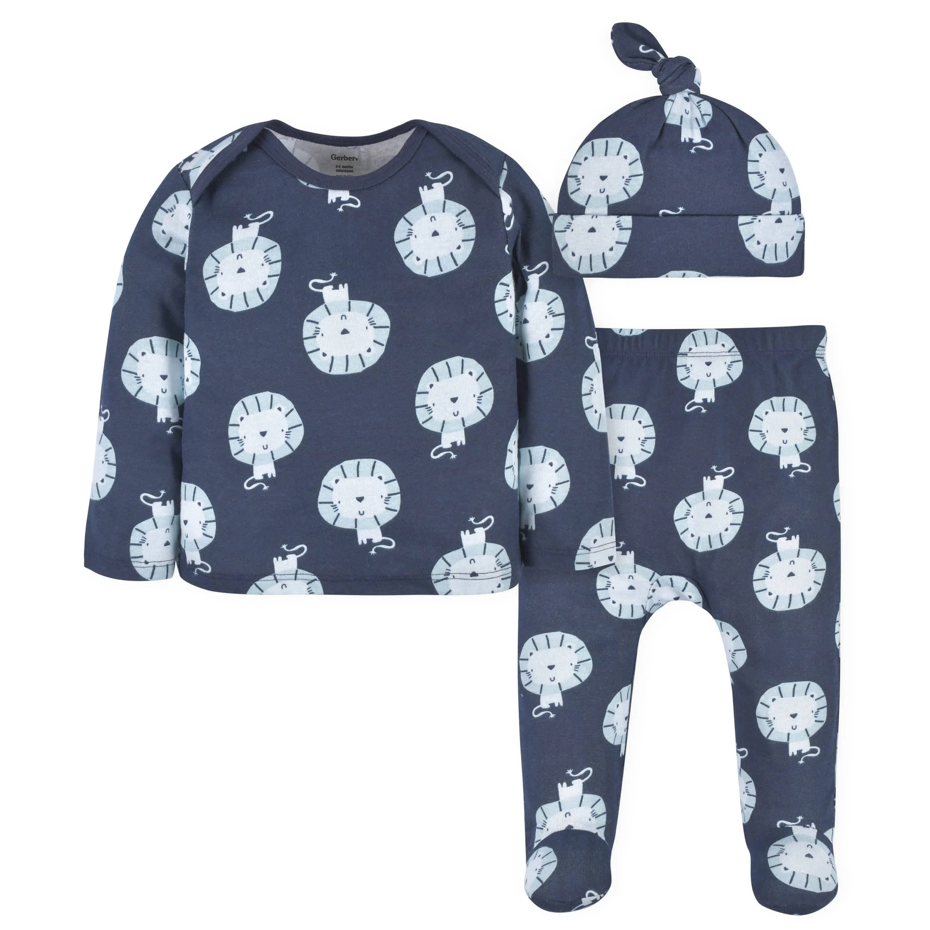 3-Piece Baby Boys Comfy Stretch Lion Long Sleeve Shirt, Footed Pant, & Cap Set