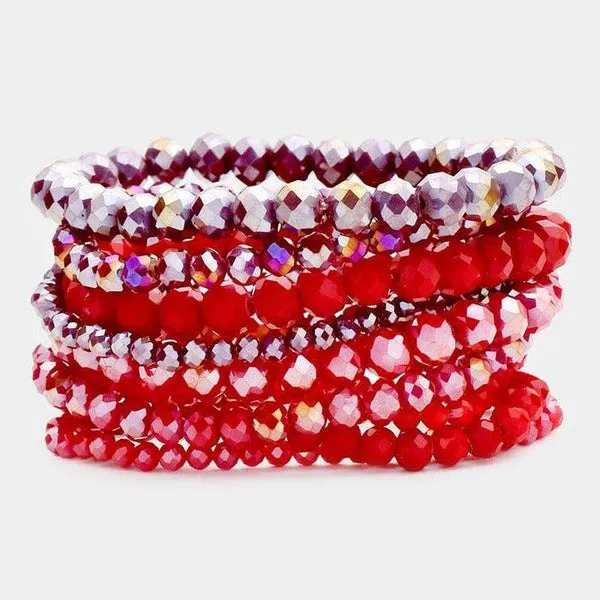 9PCS - Red Faceted Bead Stretch Bracelets