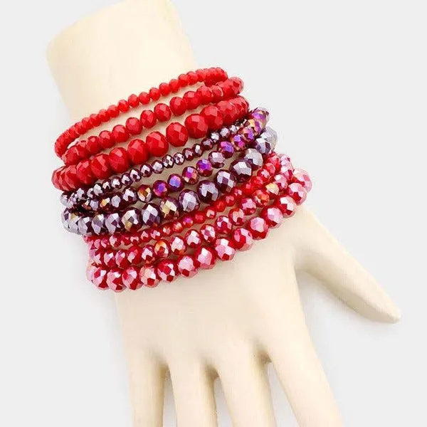 9PCS - Red Faceted Bead Stretch Bracelets