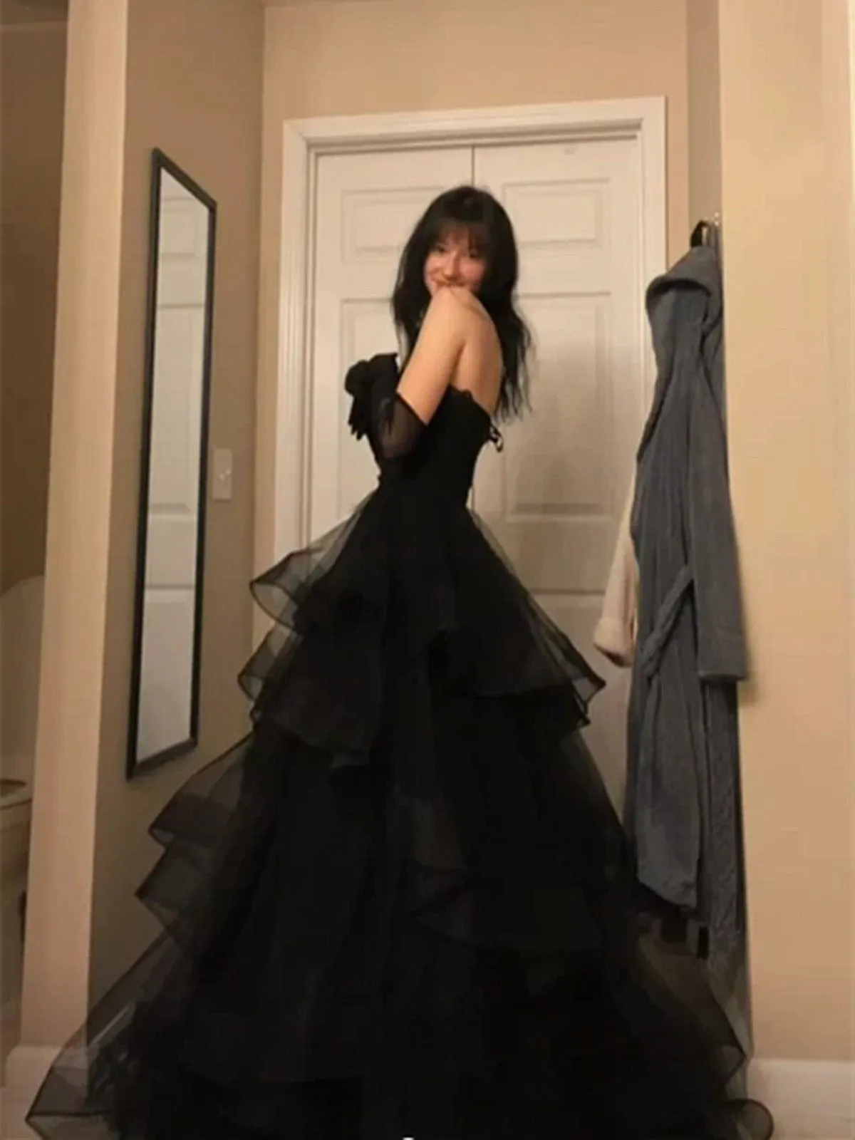 A-line Layers Tulle Back Sweetheart Party Dress, Black Tulle Long Prom Dress Evening Dress