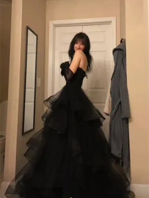 A-line Layers Tulle Back Sweetheart Party Dress, Black Tulle Long Prom Dress Evening Dress