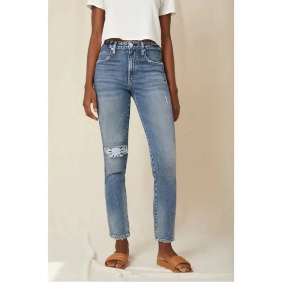 AMO Chelsea Crop Jeans in Deep Breath Distressed Bandana Patch Rip Size 25