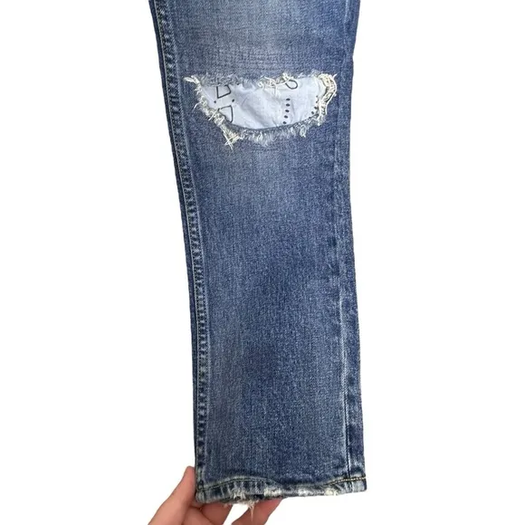 AMO Chelsea Crop Jeans in Deep Breath Distressed Bandana Patch Rip Size 25