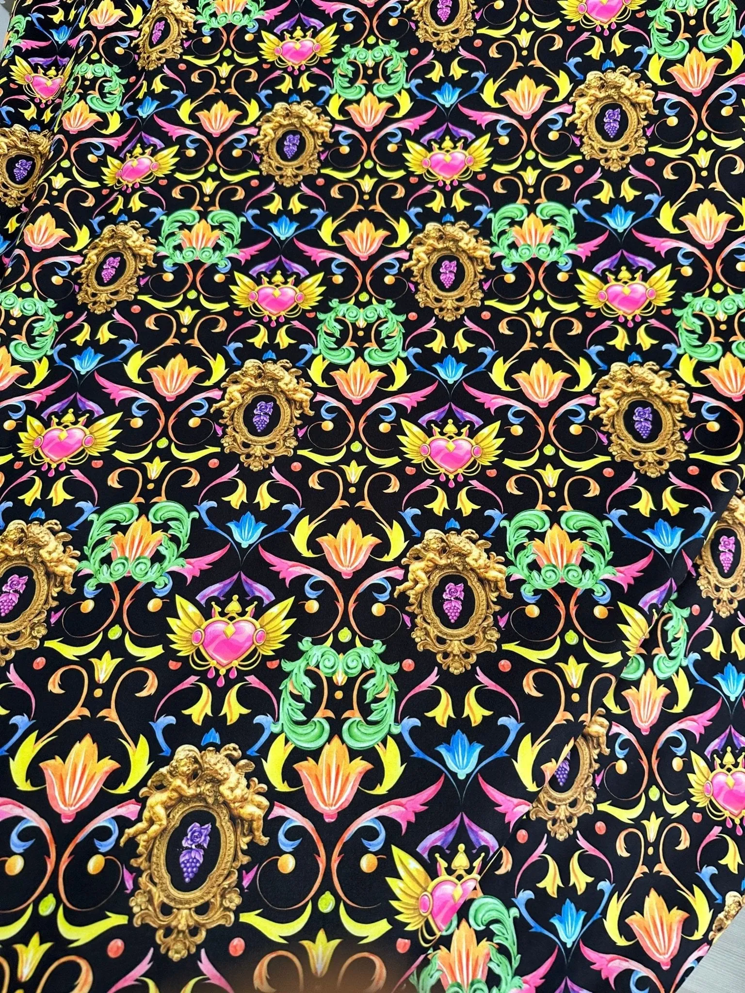Baroque Floral Heart Fabric - Vibrant Black Pattern