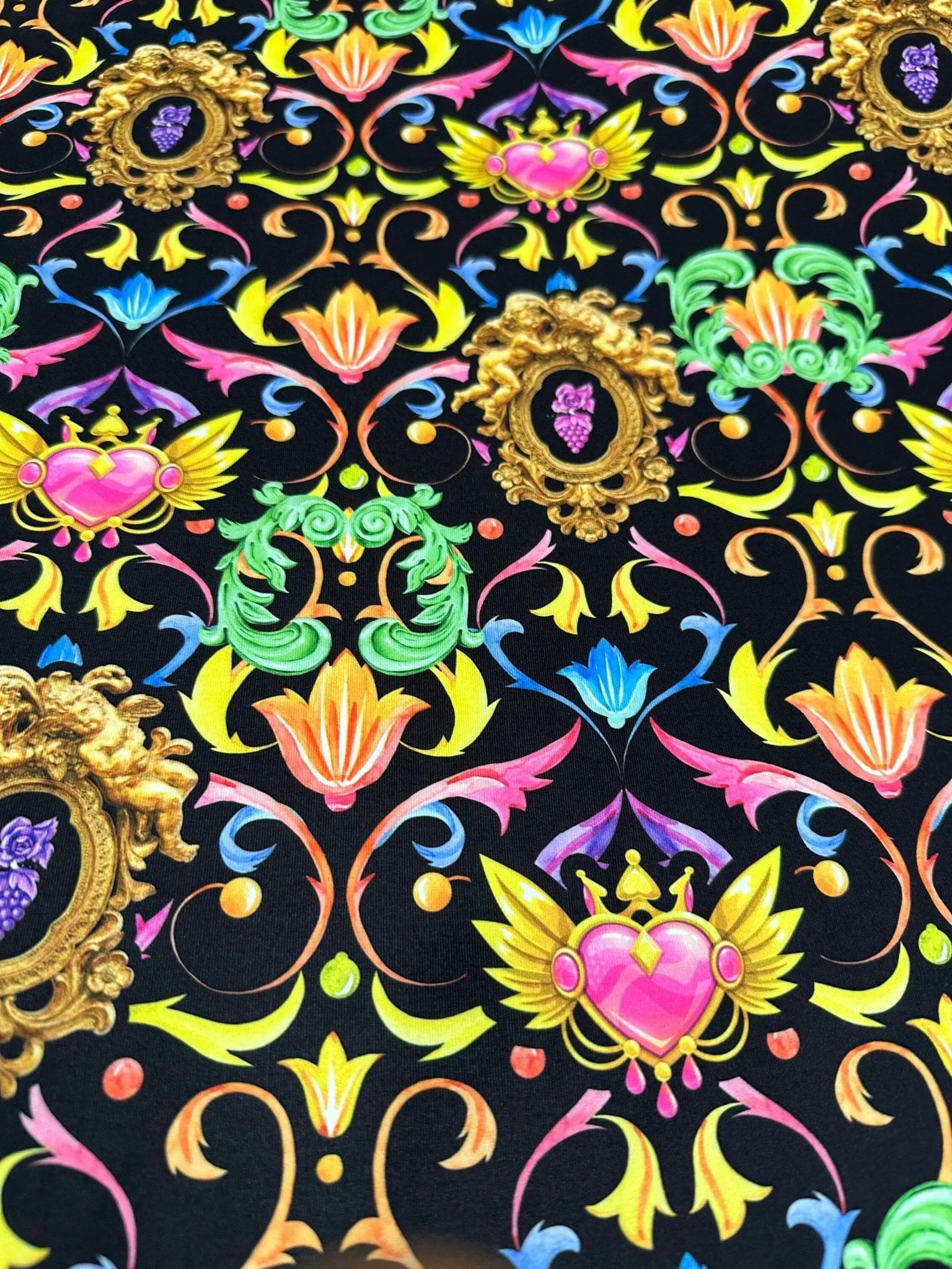 Baroque Floral Heart Fabric - Vibrant Black Pattern