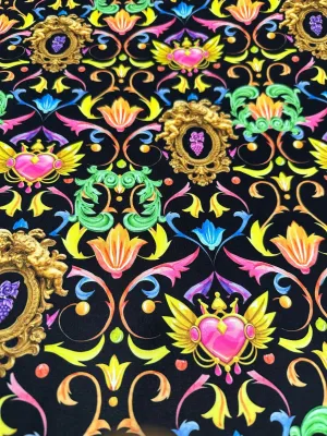 Baroque Floral Heart Fabric - Vibrant Black Pattern