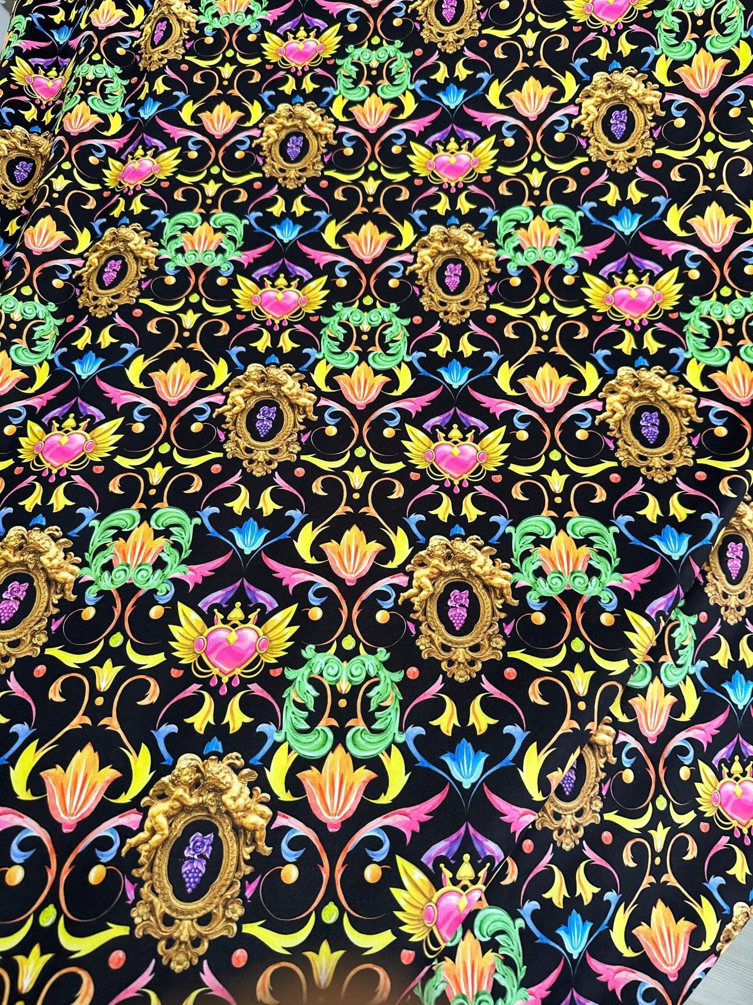 Baroque Floral Heart Fabric - Vibrant Black Pattern