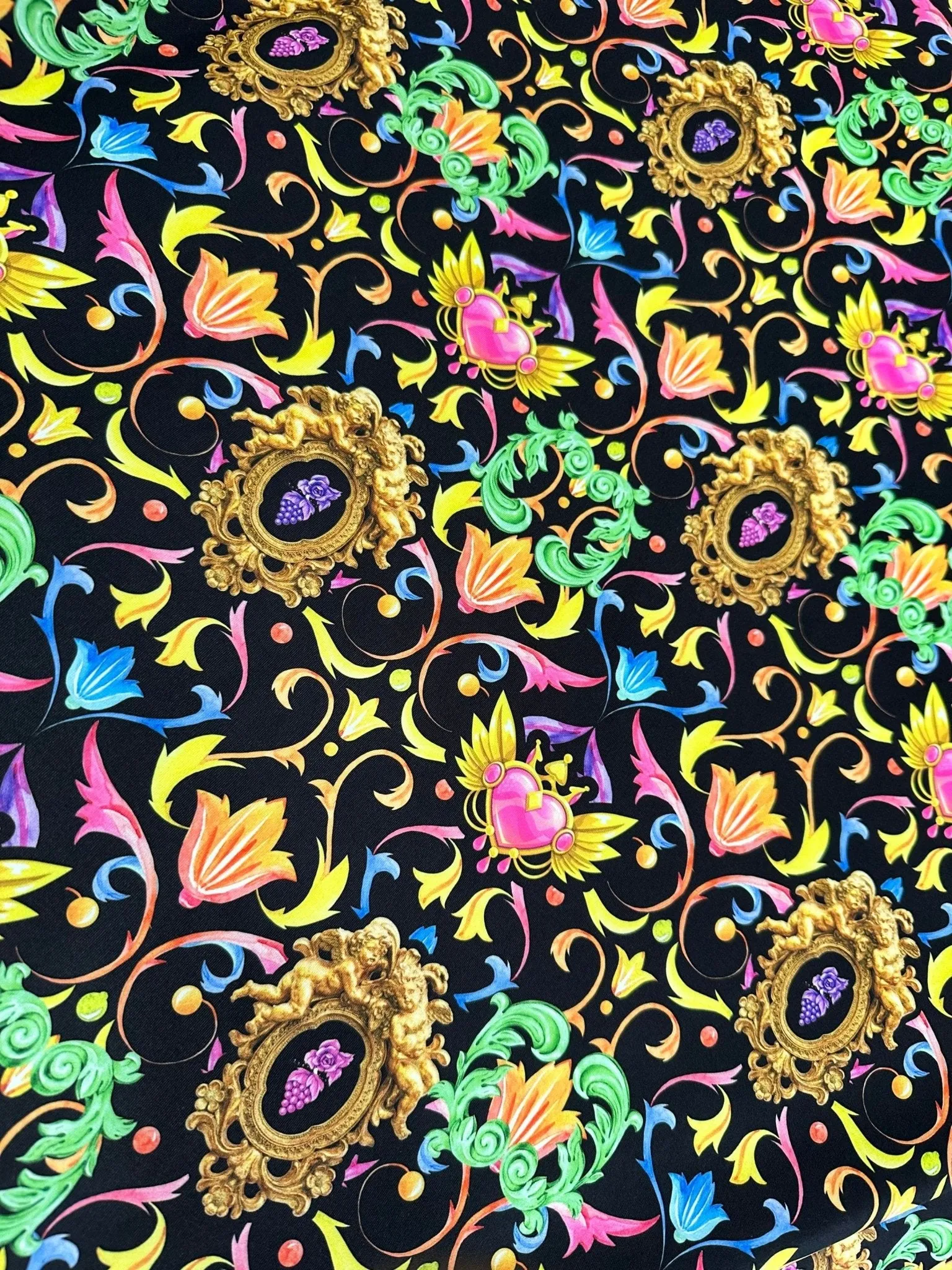 Baroque Floral Heart Fabric - Vibrant Black Pattern