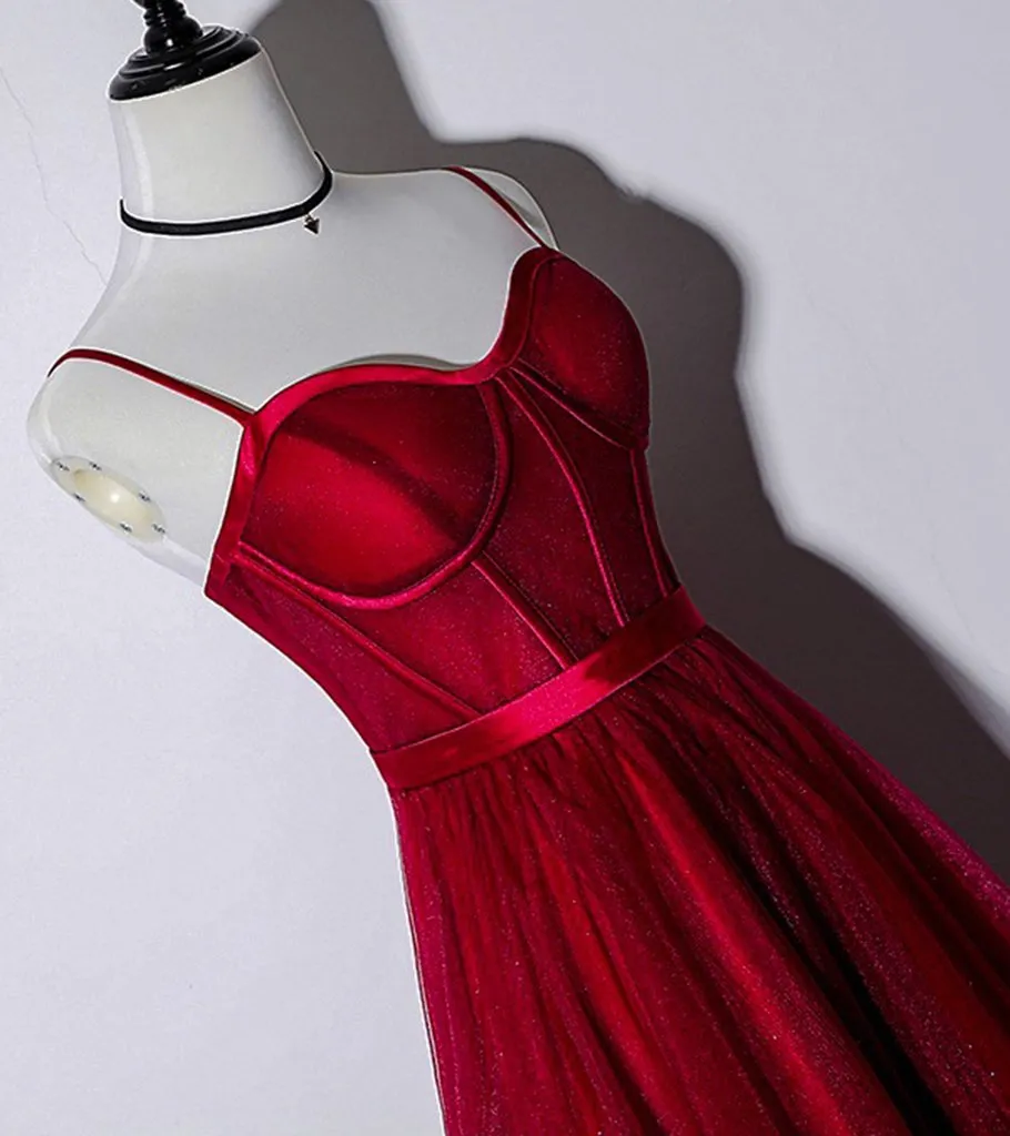 Beautiful Dark Red Tea Length Straps Wedding Party Dress, Homecoming Dress