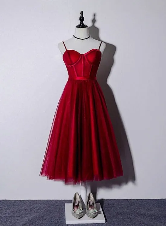 Beautiful Dark Red Tea Length Straps Wedding Party Dress, Homecoming Dress