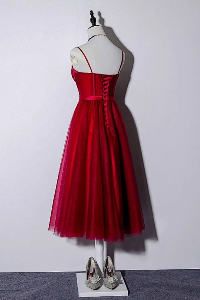 Beautiful Dark Red Tea Length Straps Wedding Party Dress, Homecoming Dress