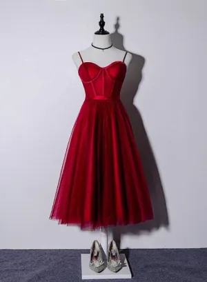 Beautiful Dark Red Tea Length Straps Wedding Party Dress, Homecoming Dress