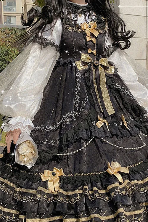 Black Hanayome Bowknot Princess Multi-Layer Ruffled Sweet Lolita JSK Dress