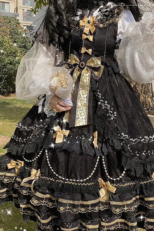 Black Hanayome Bowknot Princess Multi-Layer Ruffled Sweet Lolita JSK Dress