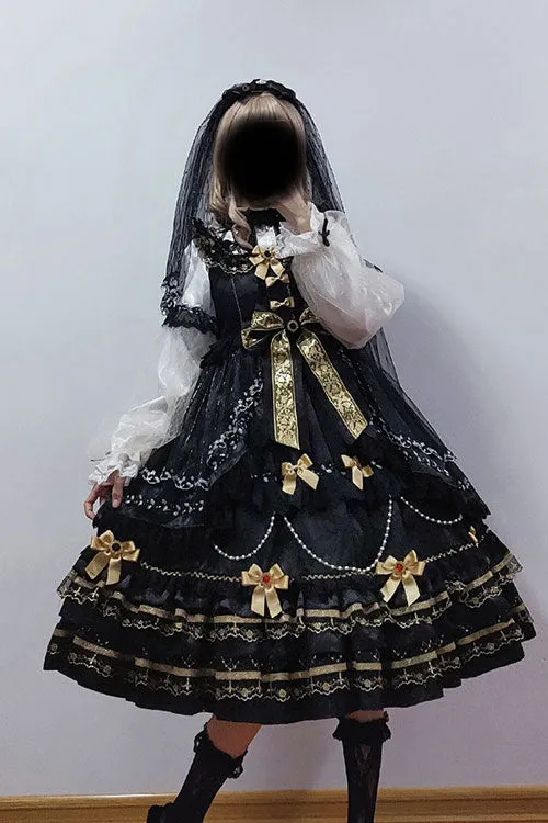 Black Hanayome Bowknot Princess Multi-Layer Ruffled Sweet Lolita JSK Dress
