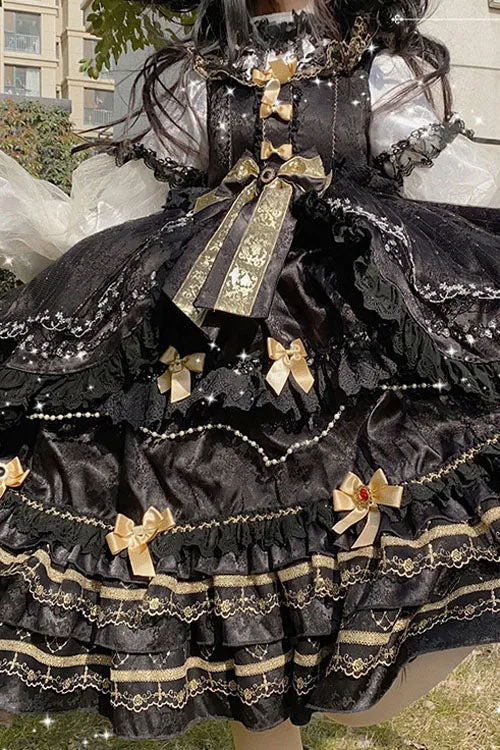 Black Hanayome Bowknot Princess Multi-Layer Ruffled Sweet Lolita JSK Dress
