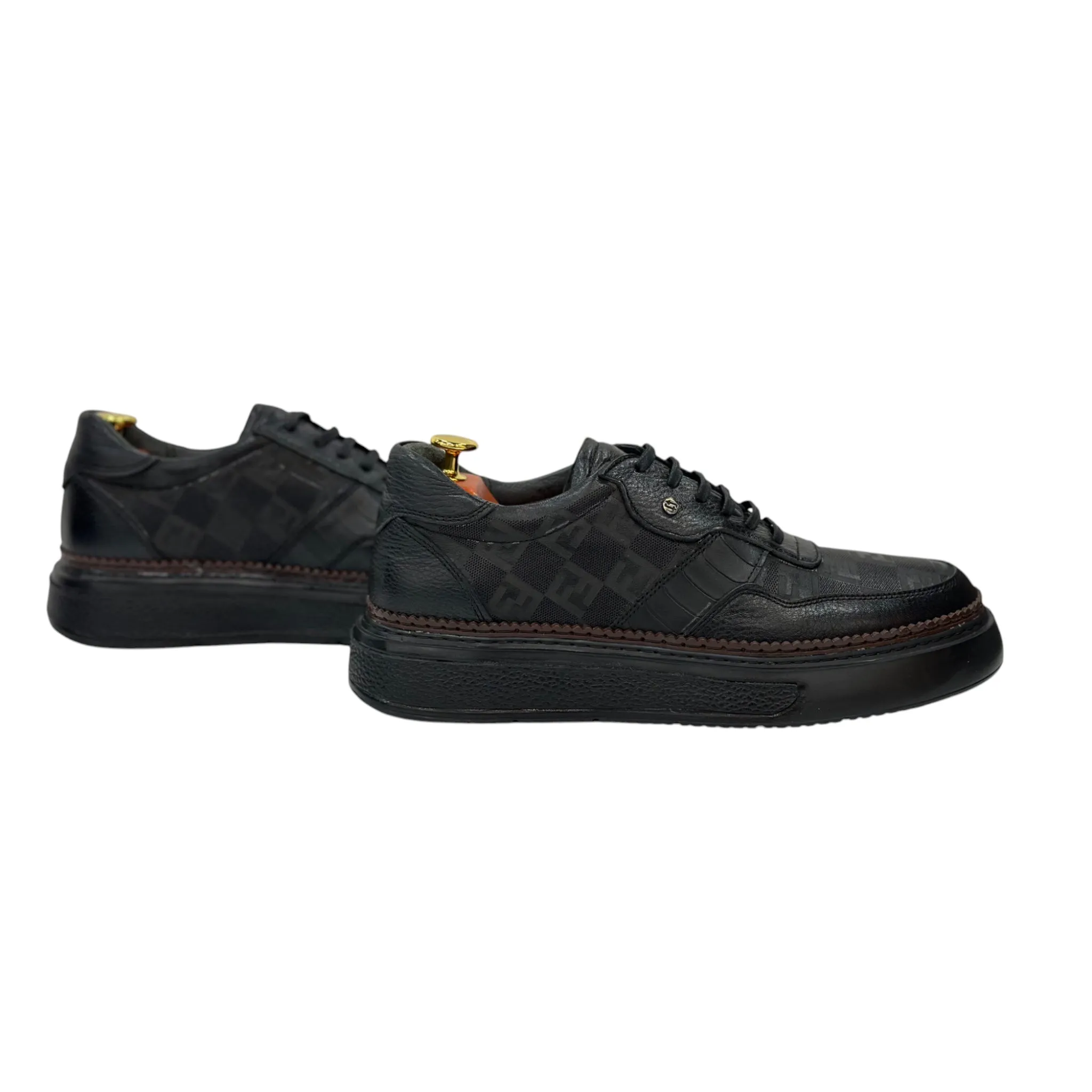 Black Sneakers - Unique  Textured Leather- with Brown Thread Details -228-SP10