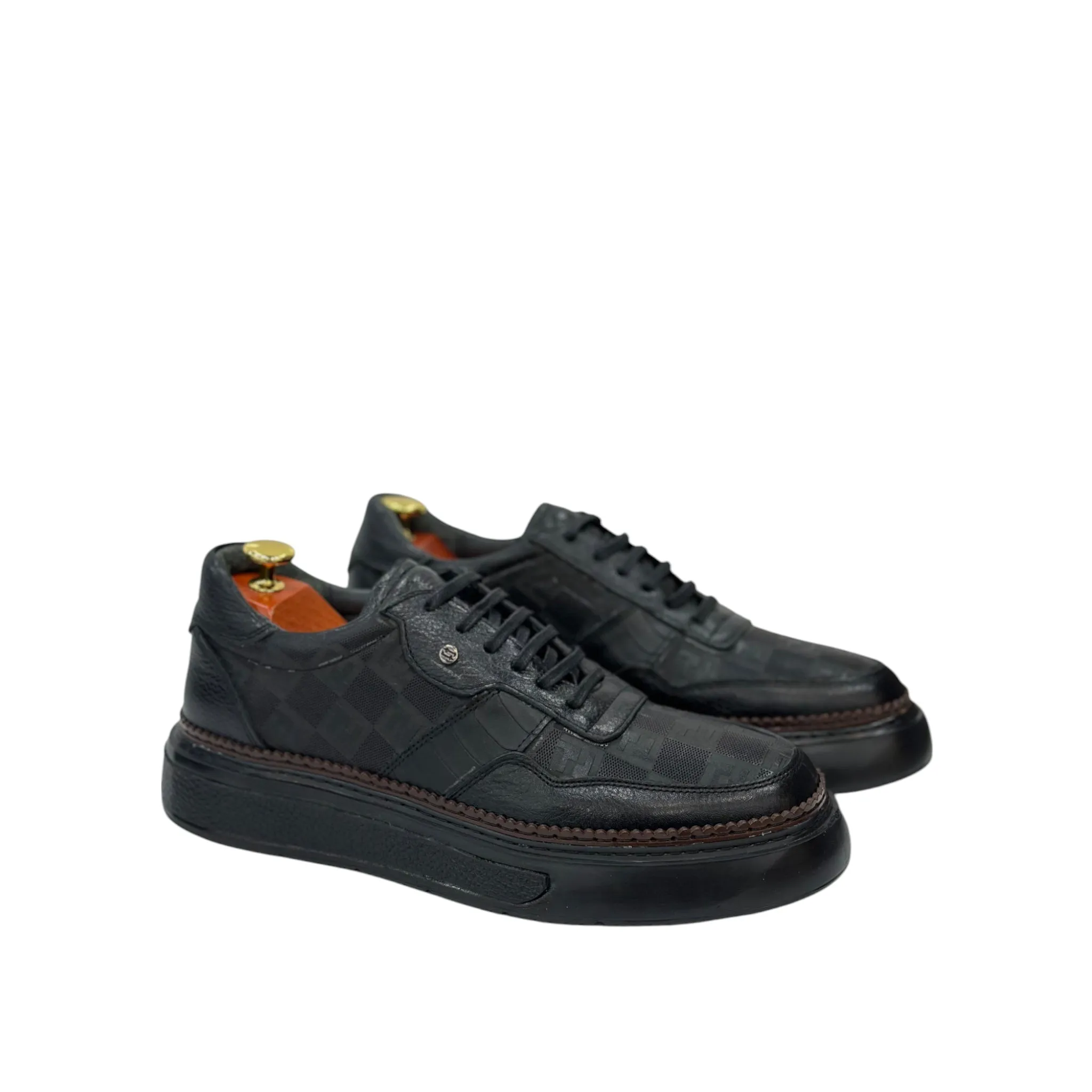 Black Sneakers - Unique  Textured Leather- with Brown Thread Details -228-SP10