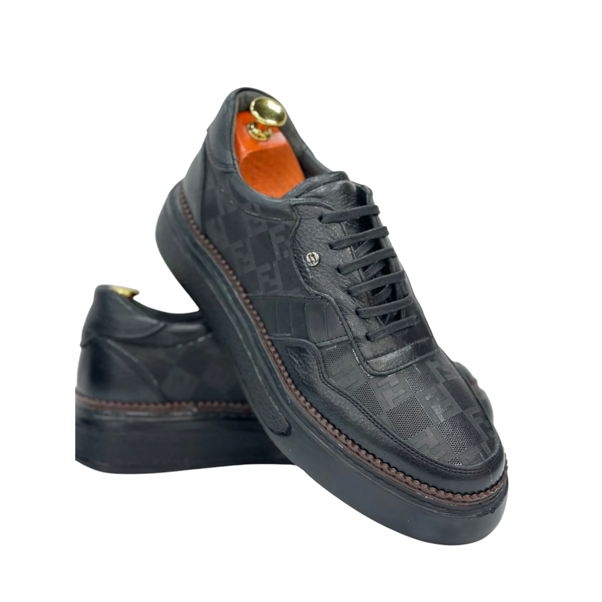 Black Sneakers - Unique  Textured Leather- with Brown Thread Details -228-SP10