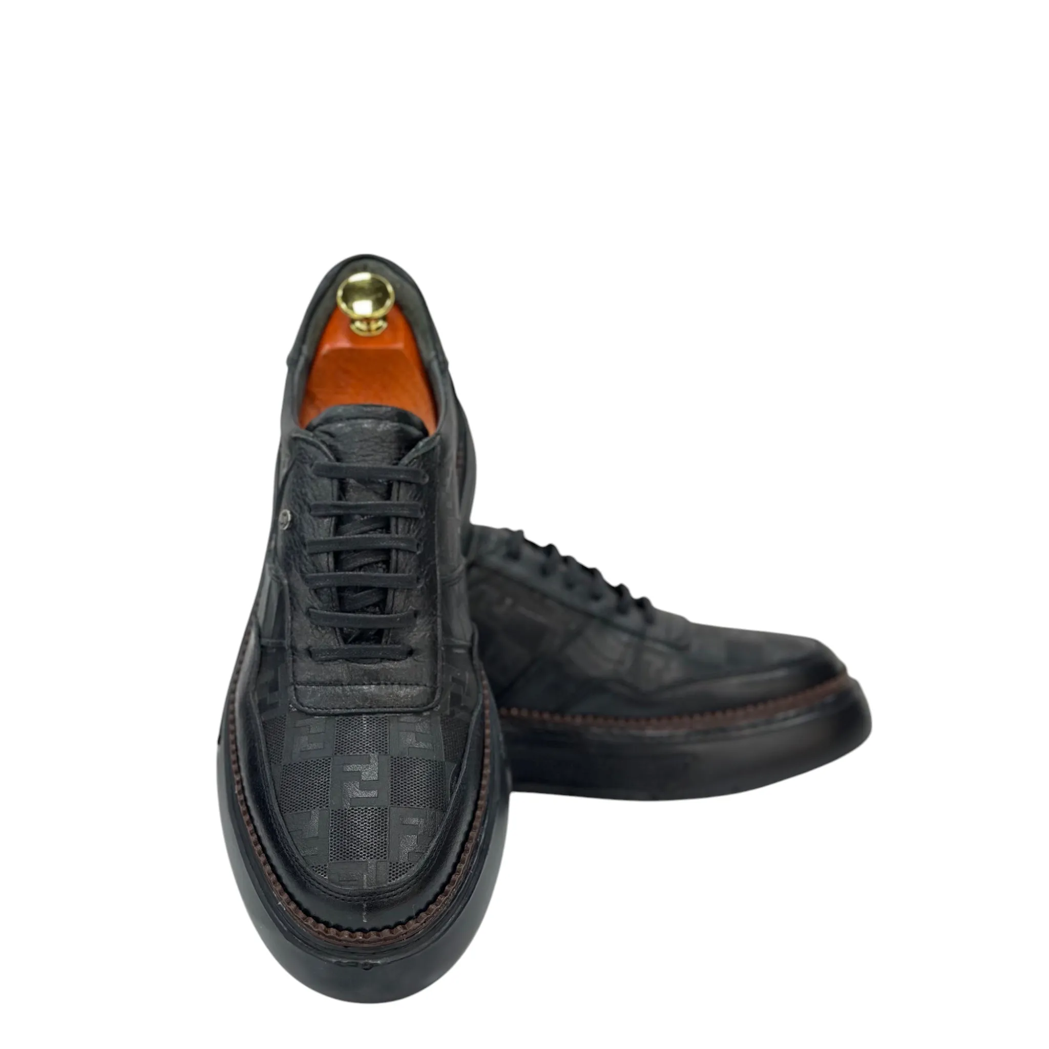 Black Sneakers - Unique  Textured Leather- with Brown Thread Details -228-SP10