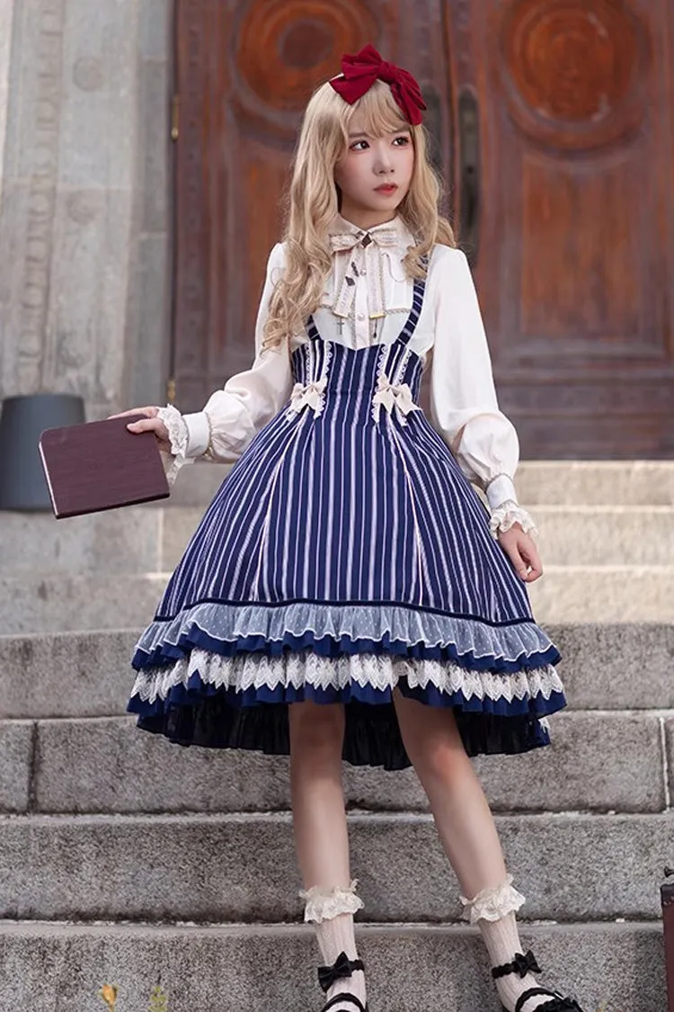 Blue Multi-layer Stripe Print Ruffle Sweet Lolita Jsk Dress