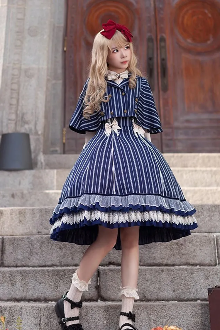 Blue Multi-layer Stripe Print Ruffle Sweet Lolita Jsk Dress