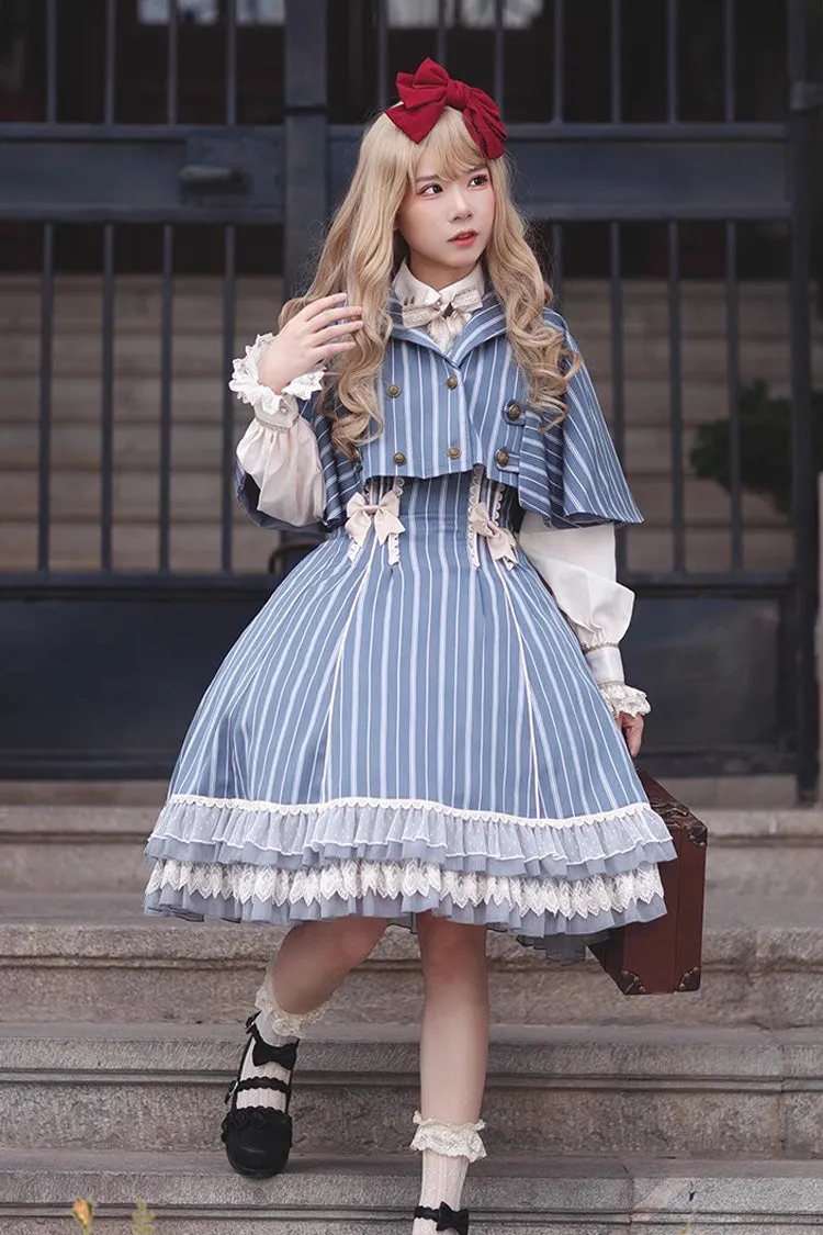 Blue Multi-layer Stripe Print Ruffle Sweet Lolita Jsk Dress