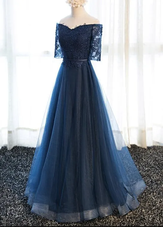 Blue Prom Gowns, Short Sleeves Tulle Navy Blue Formal Dress, Lovely Party Dresses