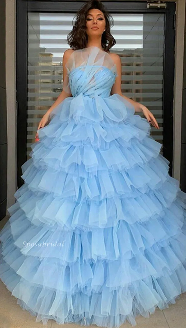 Blue Strapless Beading A-line Ruffle Cup Cake Prom Dress, PD3380