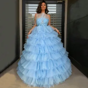 Blue Strapless Beading A-line Ruffle Cup Cake Prom Dress, PD3380