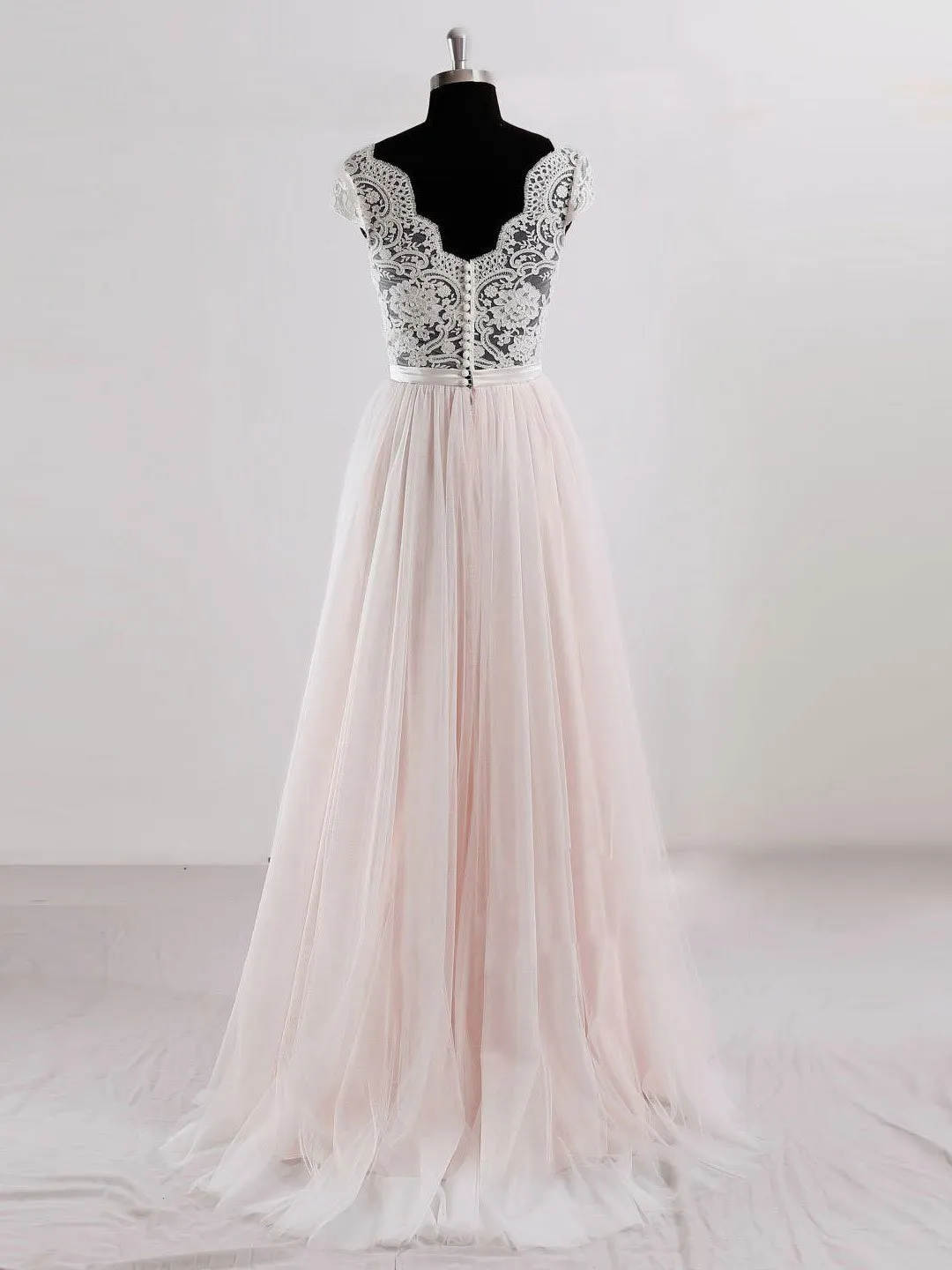 Cap Sleeves V-neck See-through Blush Pink A-line Cheap Wedding Dresses, WD342