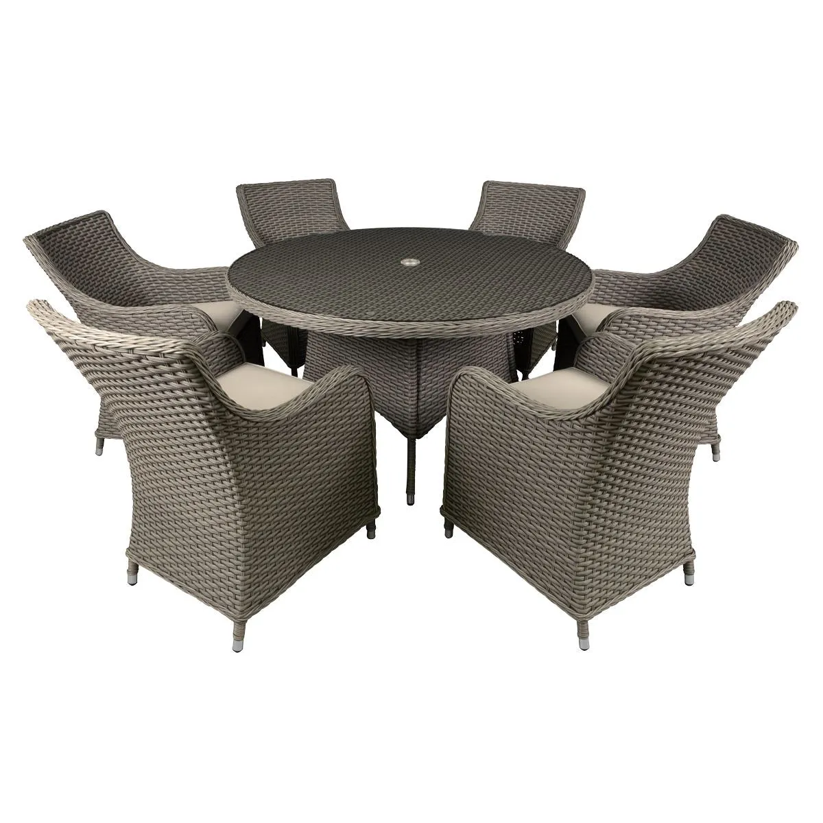 Dellonda Chester 7 Piece Rattan Wicker Outdoor Dining Set with Tempered Glass Table Top, Brown
