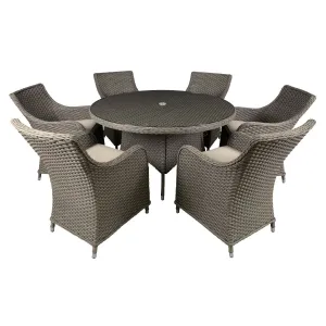 Dellonda Chester 7 Piece Rattan Wicker Outdoor Dining Set with Tempered Glass Table Top, Brown