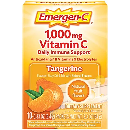 Emergen-C Vitamina C 1000mg en polvo (10 unidades, sabor a mandarina), con antioxidantes, vitaminas B y electrolitos, suplemento dietético mezcla de bebidas fizzy sin cafeína