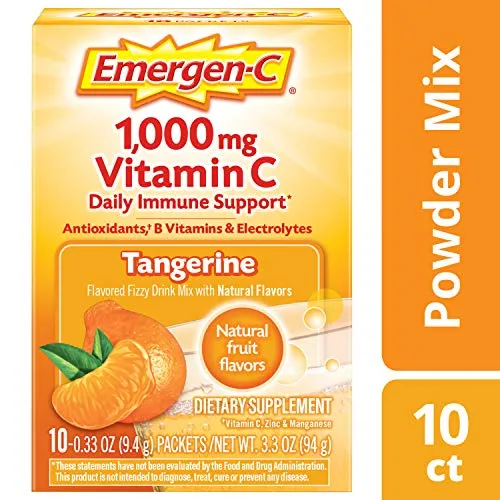 Emergen-C Vitamina C 1000mg en polvo (10 unidades, sabor a mandarina), con antioxidantes, vitaminas B y electrolitos, suplemento dietético mezcla de bebidas fizzy sin cafeína