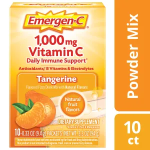 Emergen-C Vitamina C 1000mg en polvo (10 unidades, sabor a mandarina), con antioxidantes, vitaminas B y electrolitos, suplemento dietético mezcla de bebidas fizzy sin cafeína