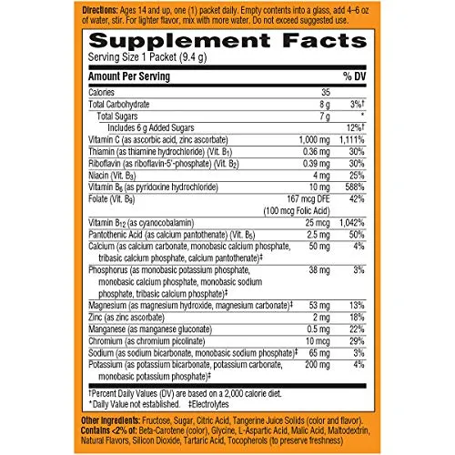 Emergen-C Vitamina C 1000mg en polvo (10 unidades, sabor a mandarina), con antioxidantes, vitaminas B y electrolitos, suplemento dietético mezcla de bebidas fizzy sin cafeína