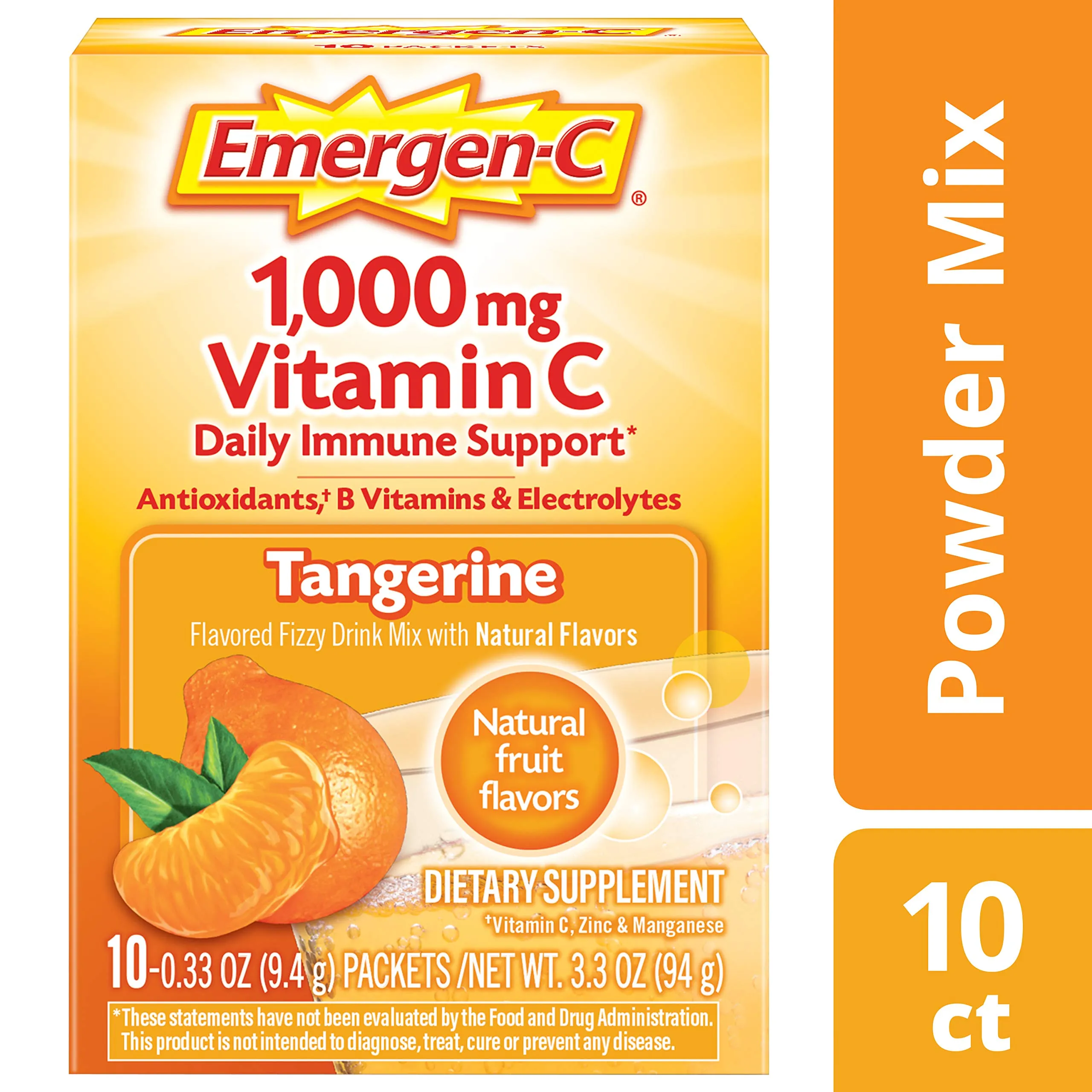 Emergen-C Vitamina C 1000mg en polvo (10 unidades, sabor a mandarina), con antioxidantes, vitaminas B y electrolitos, suplemento dietético mezcla de bebidas fizzy sin cafeína