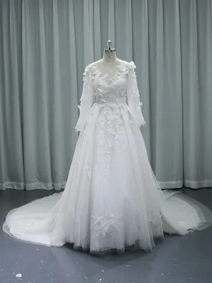 Exquisite Illusion Long Sleeve Wedding Dresses With Luxury Appliques Bridal Gown #24013