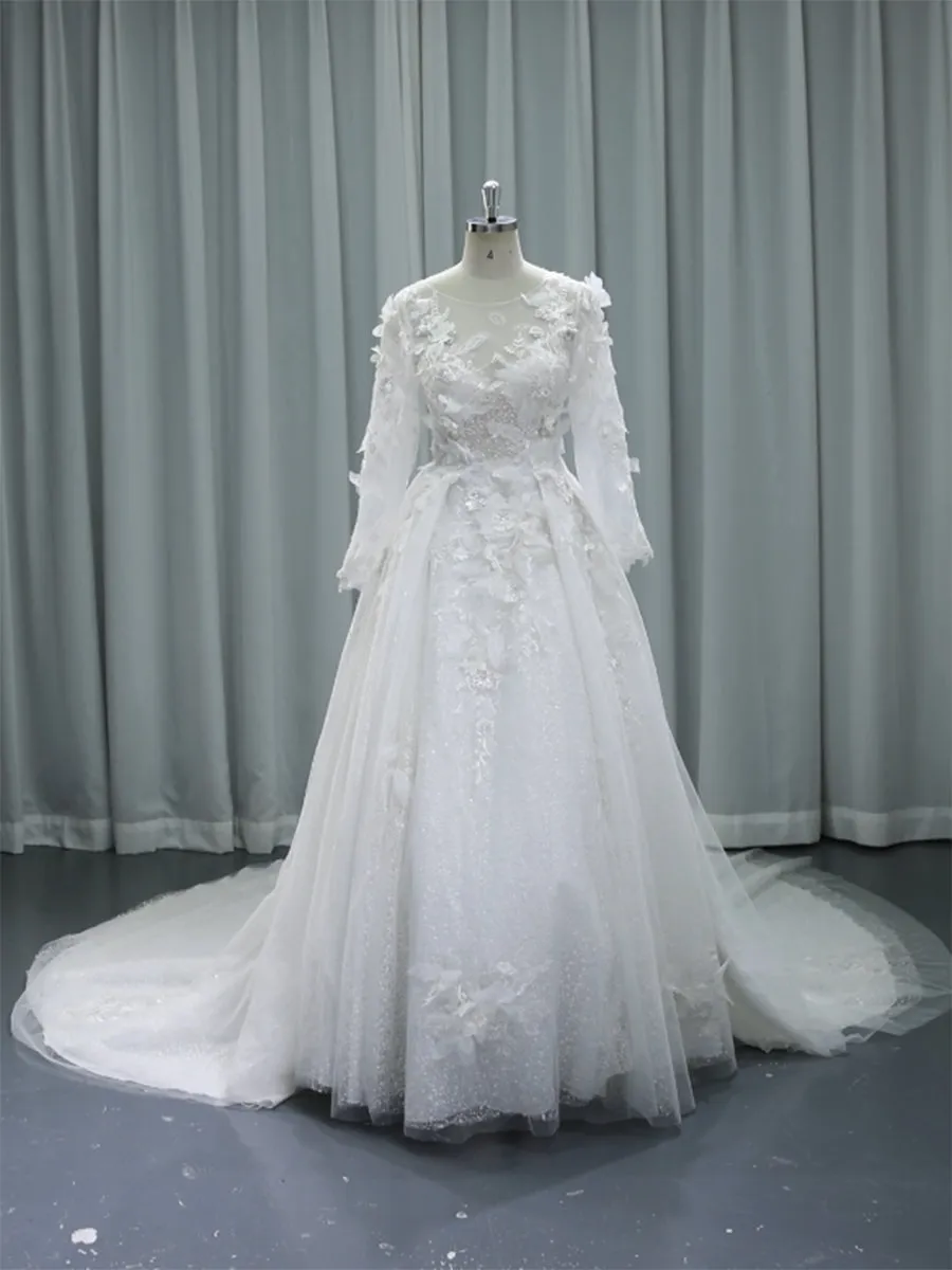 Exquisite Illusion Long Sleeve Wedding Dresses With Luxury Appliques Bridal Gown #24013