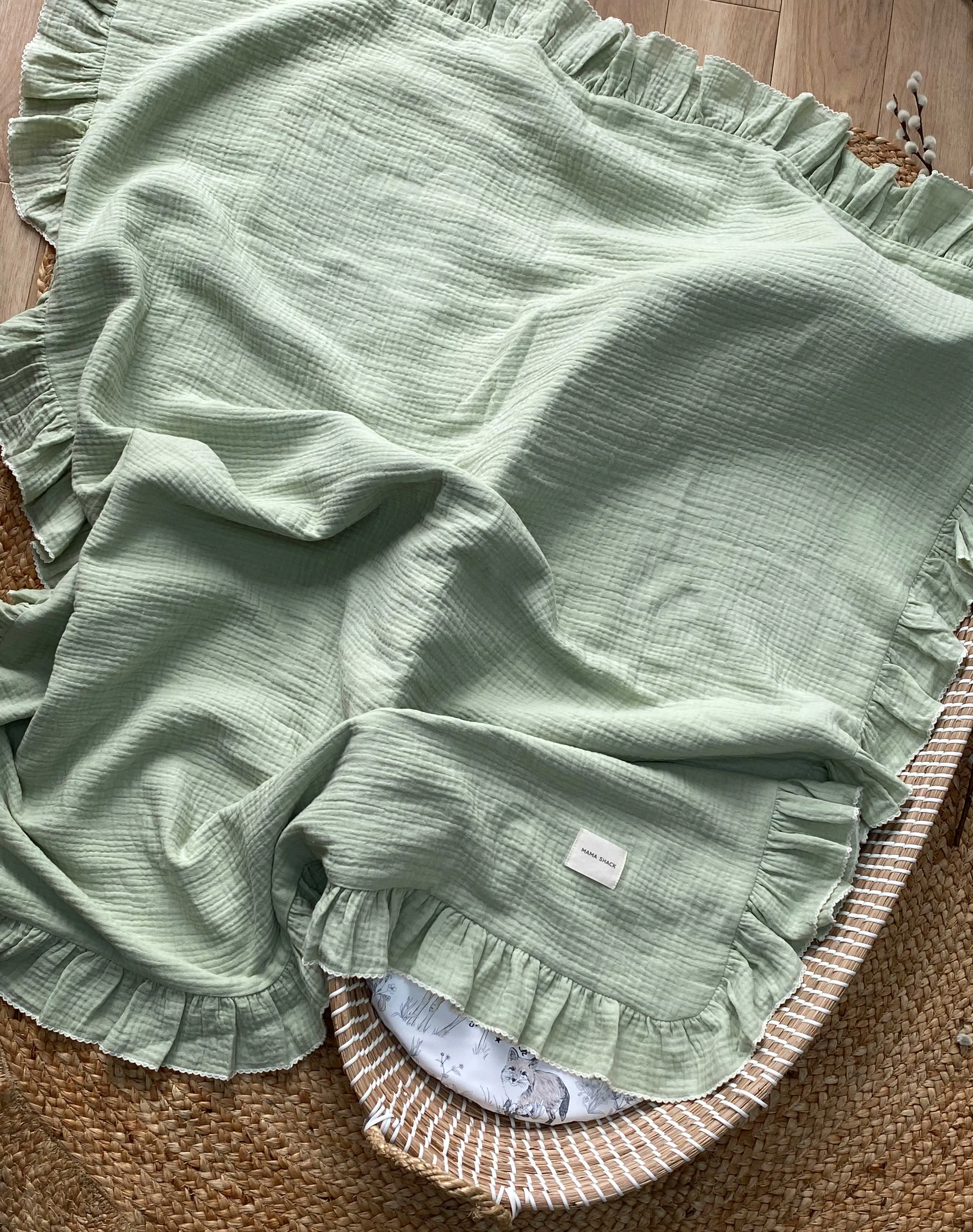 Frill Muslin Blanket - Sage Green