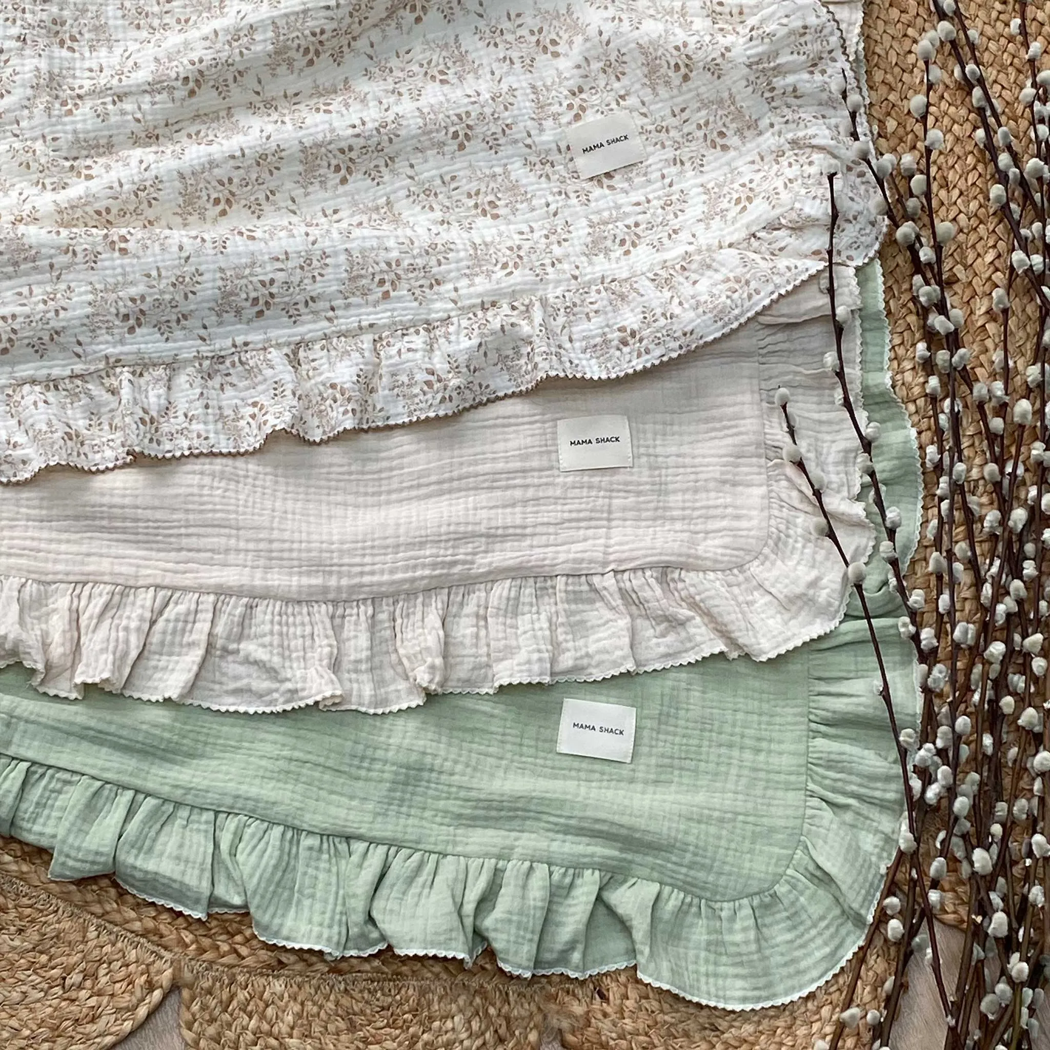 Frill Muslin Blanket - Sage Green