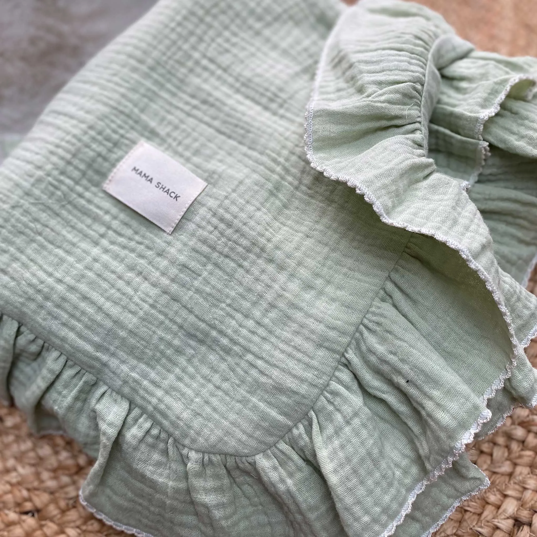 Frill Muslin Blanket - Sage Green