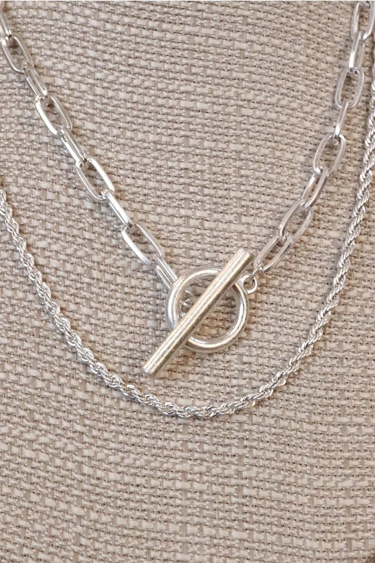 Front Toggle Closure Necklace Multi Layer Chain in Silver Tone tone