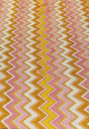 Gold Lurex Stretch Fabric - Pink Orange Zigzag Glitter Knit Fabric