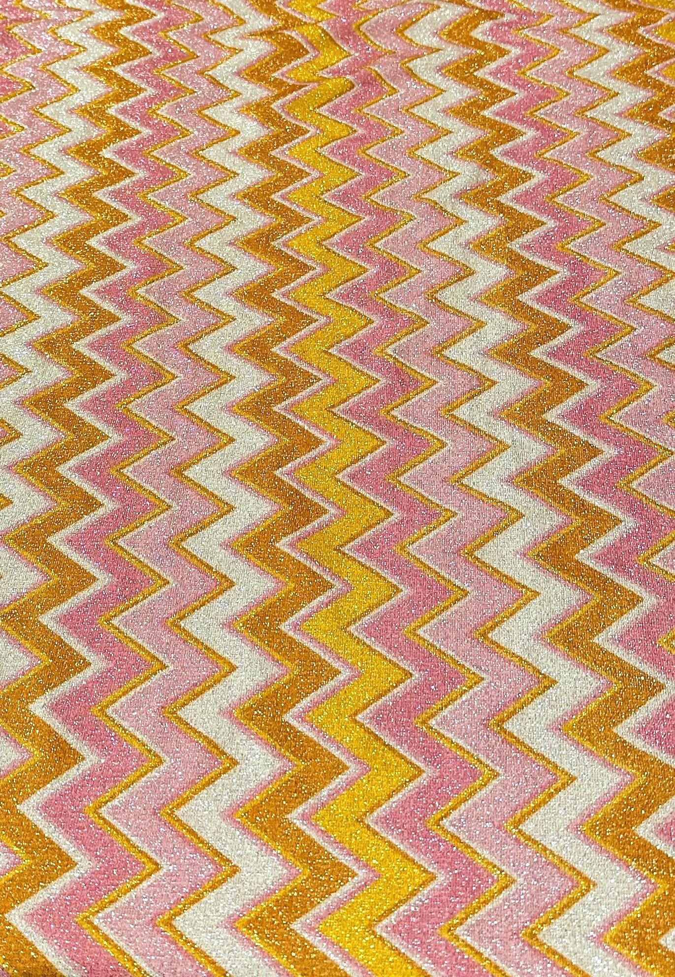 Gold Lurex Stretch Fabric - Pink Orange Zigzag Glitter Knit Fabric