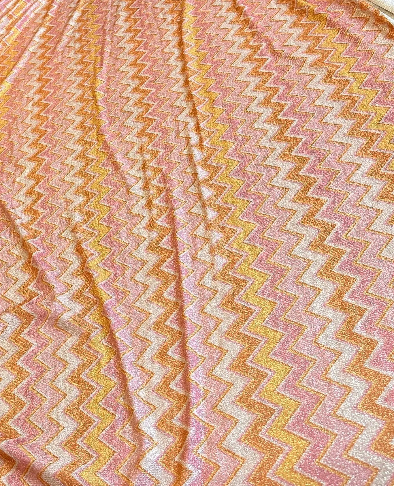 Gold Lurex Stretch Fabric - Pink Orange Zigzag Glitter Knit Fabric