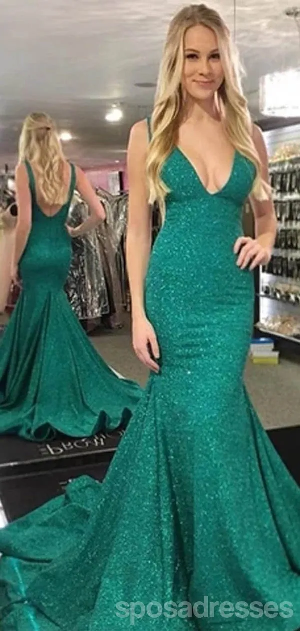 Green Mermaid Spaghetti Straps V-neck Backless Long Prom Dresses Online,12695