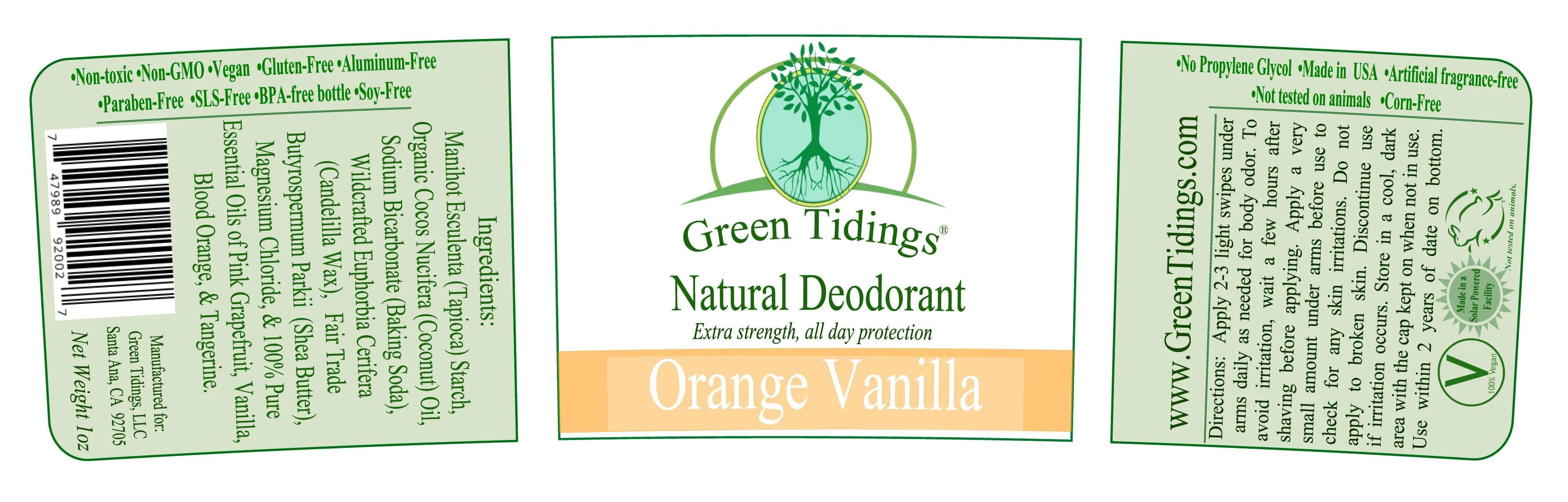 Green Tidings All Natural Deodorant- Orange Vanilla, 1 Ounce 3 PACK 15% OFF